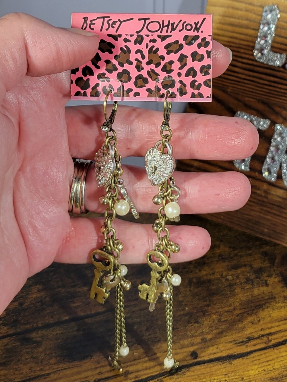Betsey Johnson Gold-Tone Heart lock & key Drop Earrings, Crystal pave